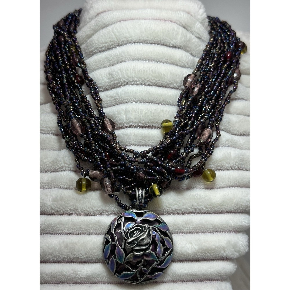 Chicos purple beaded 14 strand necklace with rose round multicolor pendant